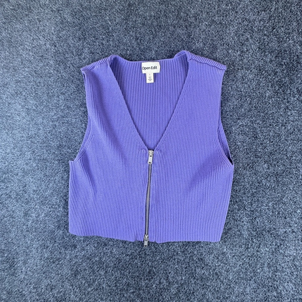Open Edit Purple Ribbed V-Neck Zip Front Sweater Vest